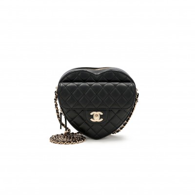 CHANEL BLACK QUILTED LAMBSKIN CC IN LOVE HEART BAG GOLD HARDWARE AS3191 (18*16.5x*6.5cm)